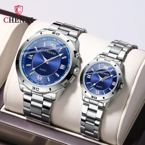 CHENXI 027C Couple Quartz Watch Simple Business Silvery Steel Band Pointer Wristwatch for Mens and Women Gift Relogios Feminino