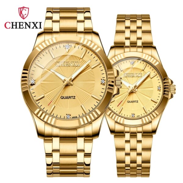 CHENXI 050A Brand Luxury Gold Dress Couple Watches Stainless Steel Waterproof Unique Golden Woman Men Business Quartz Wristwatch