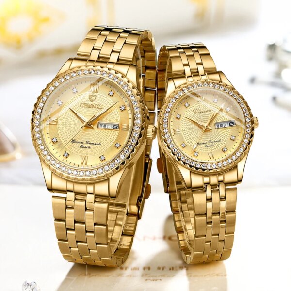 CHENXI Golden Quartz Wrist Watch for Men Women Top Luxury Brand Stainless Steel Waterproof Couple Style Watch Casual Clock