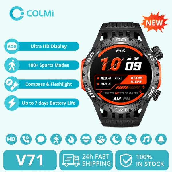 COLMI V71 1.46'' HD Display Smart Watch Men Compass Flashlight 100 Sports Modes Military Grade Toughness SOS Outdoor Smartwatch