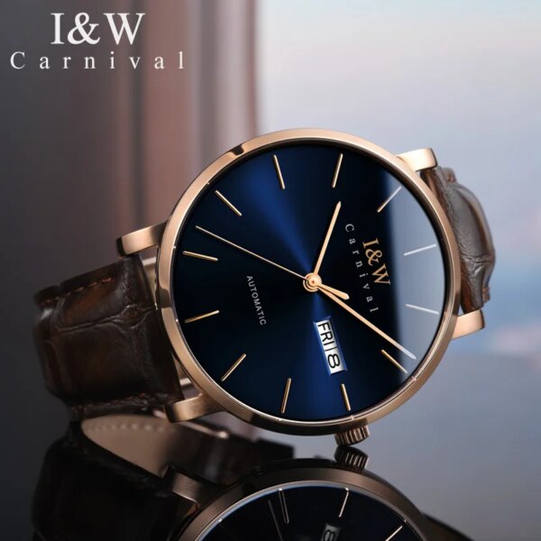 Carnival Brand Luxury Gold Automatic Watch Men Fashion Waterproof Thin Business Calendar Mechanical Wristwatch Relogio Masculino