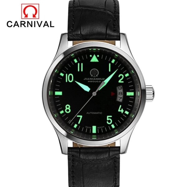 Carnival Super Luminous 25 Jewels Automatic Watch Men Leather Stainless Steel Mechanical Watches Waterproof Mens Clock Calendar