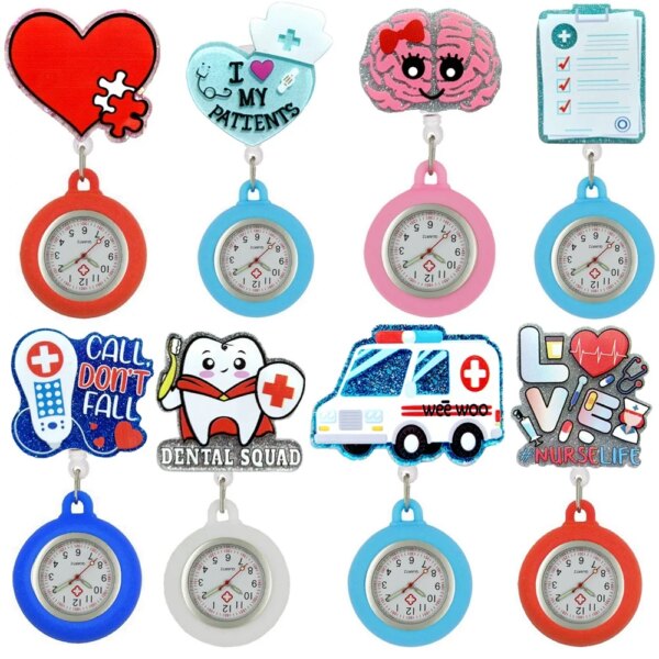 Cartoon Glitter Shiny Nurse Doctor Medical Icons Hospital Heart Care Retractable FOB Clip Lovely Pocket Gifts Watches Clock