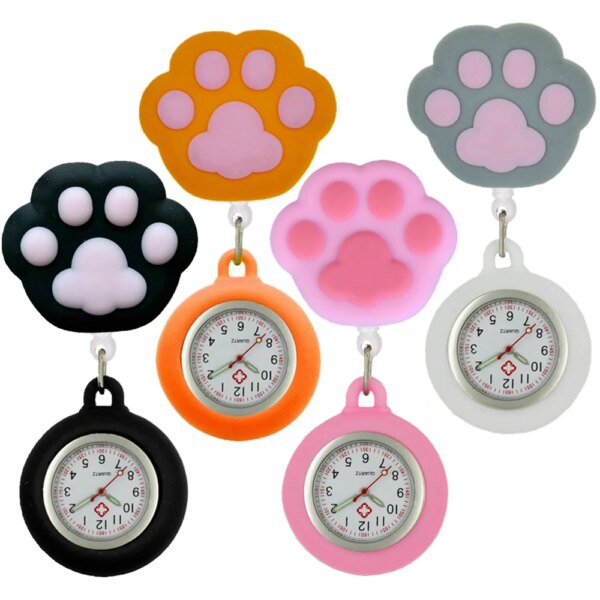 Cartoon Lovely Cat Dogs Paw Footprinting Claw Nurse Doctor Hospital Medical Clip Hang Brooches Retractable Pocket Watches Clock