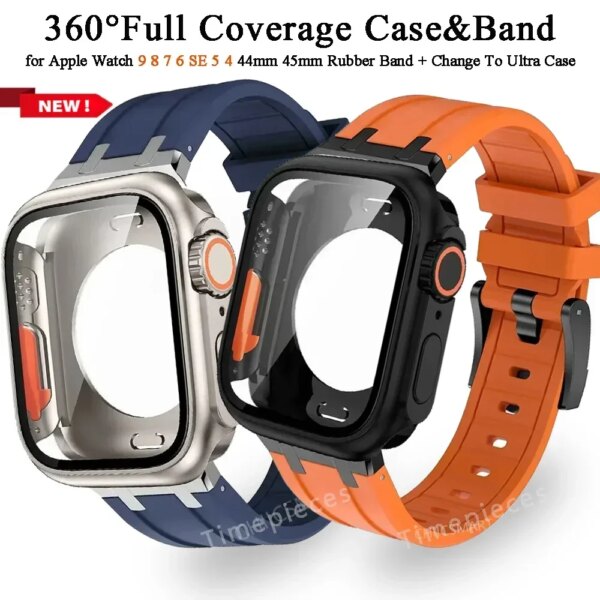 Case+Rubber Strap for Apple Watch Band 45mm 44mm Change To Ultra Protection Cover For Iwatch Series 9 8 7 6 SE Strap Accessories