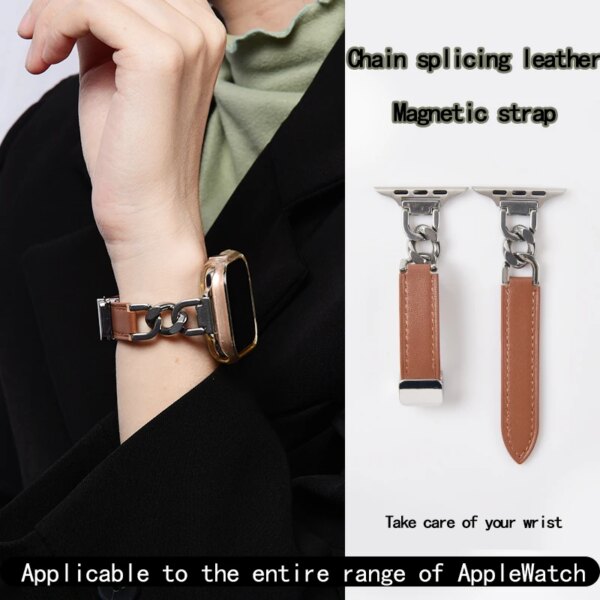 Chain+Leather Strap For Apple Watch Ultra band 49mm 45mm 41mm Women Narrow bodyMagnetic Bracelet iWatch Series 9 8 7 SE 6 5 4 3