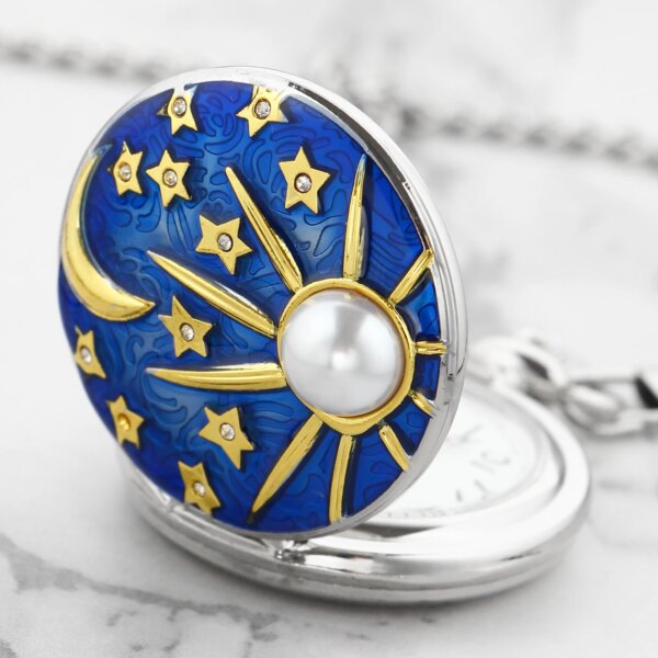 Characteristic Star Moon Pearl Quartz Pocket Watch Vintage Steampunk Chain Clock Men's and Women's Necklace Jewelry Necklace