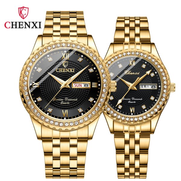 Chenxi 8215 Fashion Couple Double Calendar Glow Gold Diamond Stainless Steel Luminous Quartz Wristwatch Mens Clock