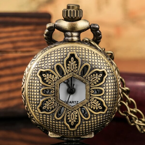 Chic Hollow Leaves Bronze Quartz Analog Pocket Necklace Watch Small Size Pendant Timepiece Vintage Gifts Men Women