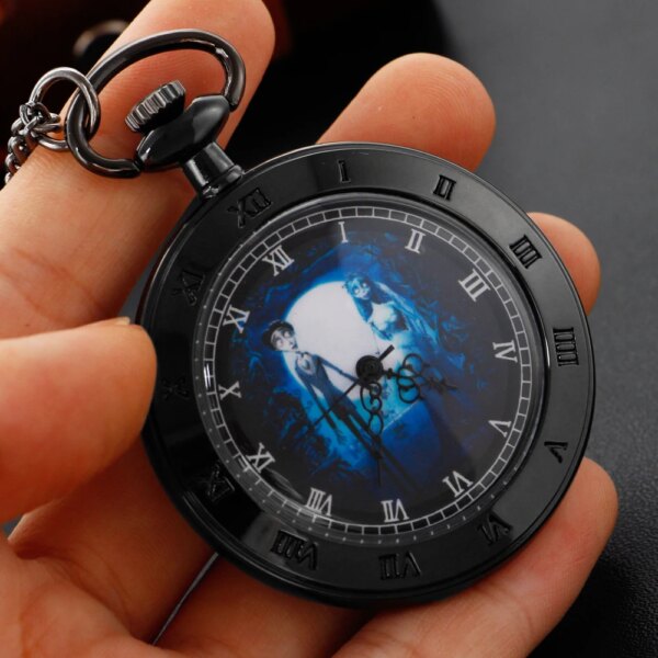 Classic Anime Movie Ghost Couple Quartz Pocket Watch Black Vintage Roman Numerals Fob Chain Watch Halloween Christmas Gift