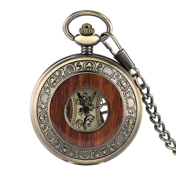 Classic Fashion Mechanical Pocket Watch Men Exquisite Wooden Pattern Hollow Alice in Wonderland Pocket Watch Necklace