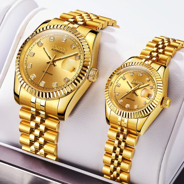 Classic Luxury Couple Watch for Men and Women High Quality Fashion Golden His Hers Watch Set Automatic Mechanical Lovers Watches