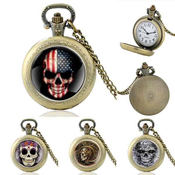 Classic Skull Design Quartz Pocket Watch, Vintage Bronze Necklace Watches