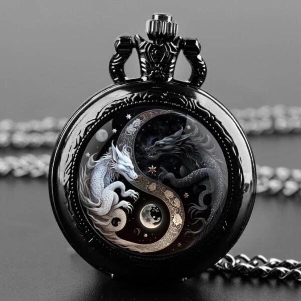 Classic Ying and Yang Dragon Glass Dome Vintage Quartz Pocket Watch Men Women Pendant Necklace Chain Clock Watch Jewelry Gifts