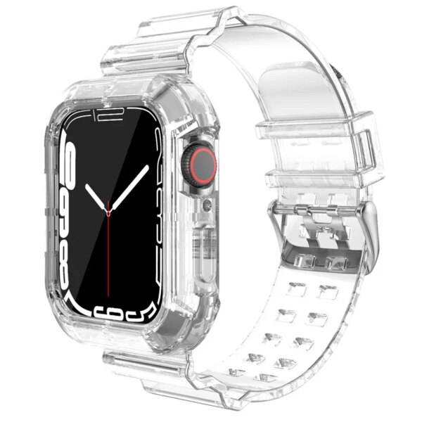 Clear Band + Case for Apple Watch Series 9 8 7 SE 5 4 45mm 44mm 42mm 41mm Transparent Plastic Strap watchband  for iwatch 3 40mm