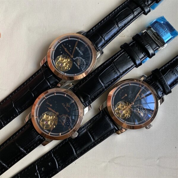 Clearance Sales Luxury Skeleton Men Mechanical Self-winding Automatic Watches Moon Phase Real Cow Leather Strap Wrist watch 3ATM