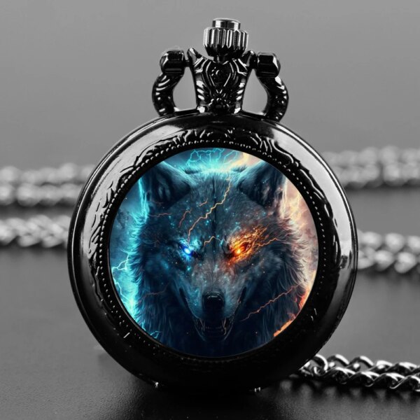 Cool Blue Wolf Retro Quartz Pocket Watch Women Men Black Necklace Unique Pendant Round Dial Clock Watch Gift Accessories