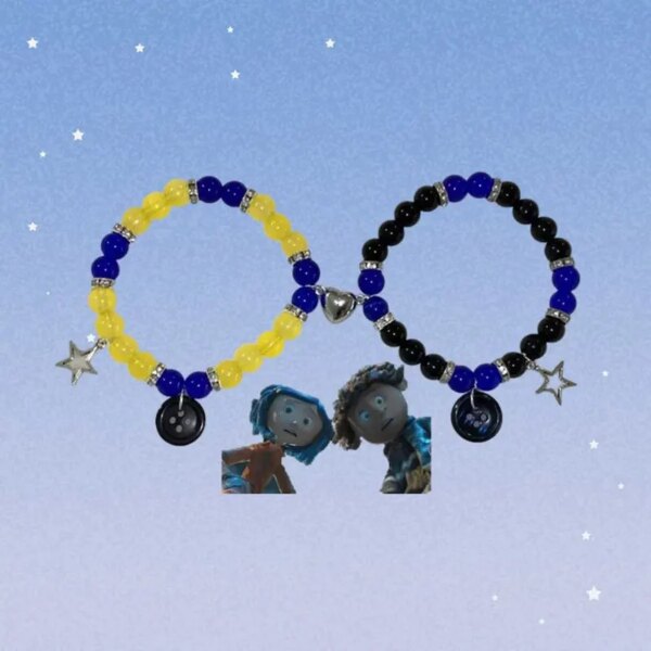 Coraline and wybie button couple bracelet, Gift for her