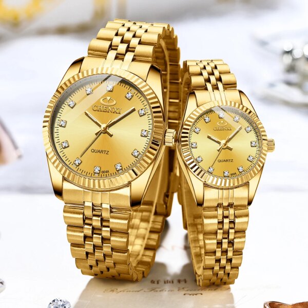 Couple Watches 2023 CHENXI New Gold Classic Retro Luxury Wristwatch Lovers Gift Waterproof Quartz Couples Wrist Watch Set Clock