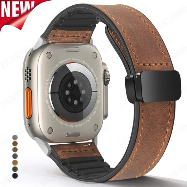 Crazy Horse Leather Silicone Strap for Apple Watch Band 49mm 44 45mm 42 Magnetic Buckle for Iwatch 9 8 7 6 5 4 40 41 SE Bracelet