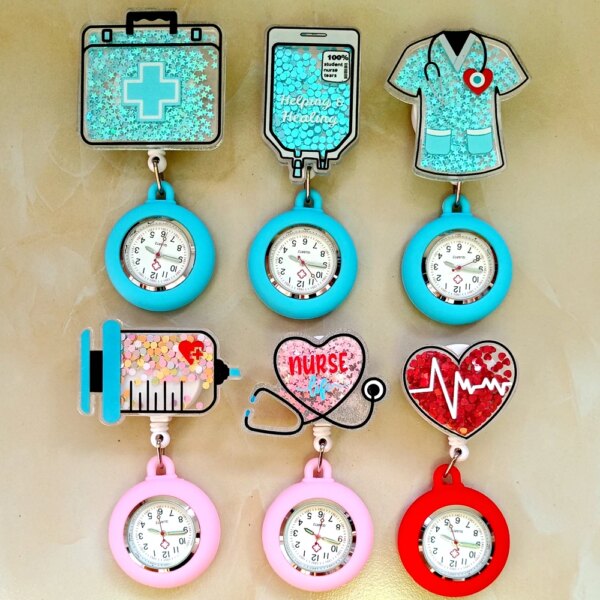 Creative Hospital Medical Icons Nurse Doctor Unisex Acrylic Shiny Retractable Badge Reel Clip FOB Pocket Watches Medicine Clock