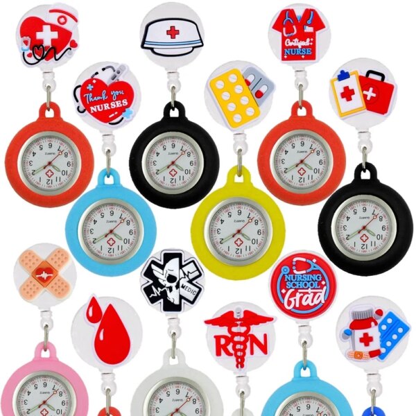 Creative Medical Icons Cartoon Retractable Nurse Doctor Badge Reel Clip FOB Pocket Watches Hospital Nursing Care Clock Gift