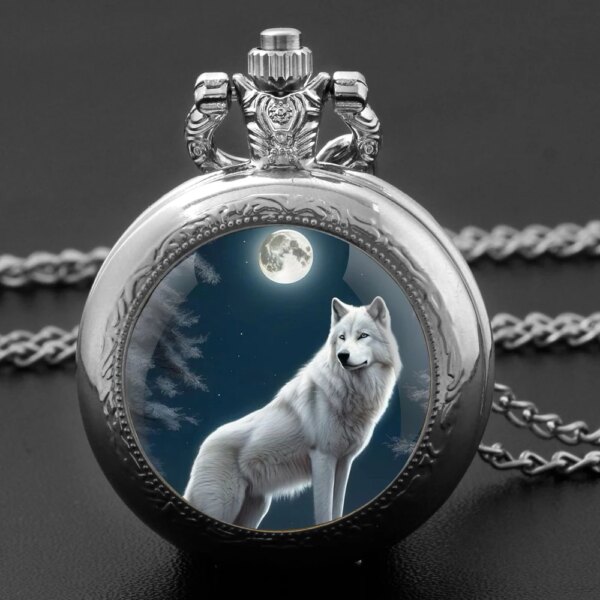 Creative Moon Wolf Quartz Pocket Watch Women Men Fashion Glass Dome Necklace Unique Pendant Silver Clock Watch Gift Accessories