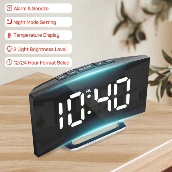 Curved Screen Clock Digital Led Alarm Clock with Temperature Display Large Mirror Clock Snooze Bedside Table Clock Room Decor