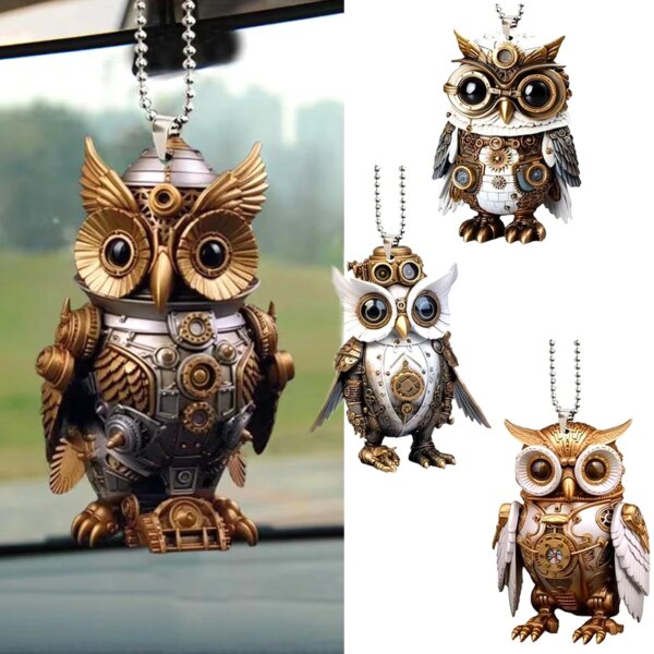 Cute Anime Car Interior Decoration Mechanical Owl Car Pendant 2D Acrylic Keychain Charm Auto Rearview Mirror Pendant Car decor