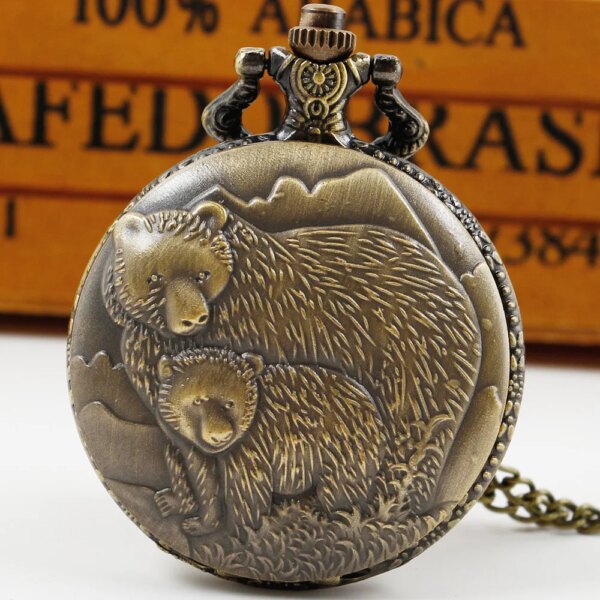 Cute Bronze Vintage Bear Carved Quartz Necklace Pocket Watch With Chain Unique Personality Gifts Unisex Fob Clock