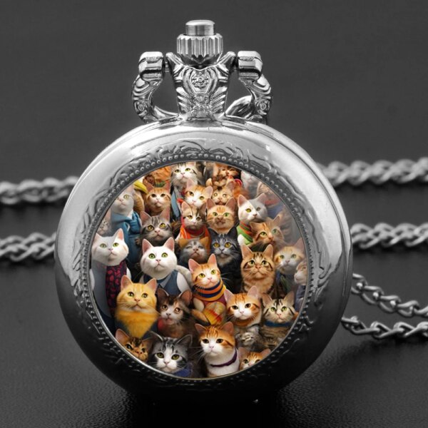 Cute Cats Vintage Quartz Pocket Watch Women Men Glass Dome Necklace Unique Pendant Silver Clock Watch Kids Gift Accessories