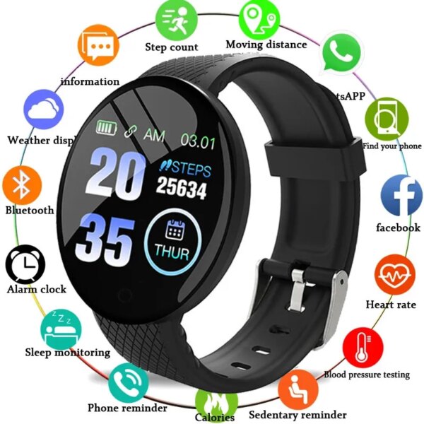 D18 Smart Watch Heart Rate Monitor Men's Women's Smartwatch Round Fitness Digital Watches for Men Women Band Bracelet PK D20 Y68