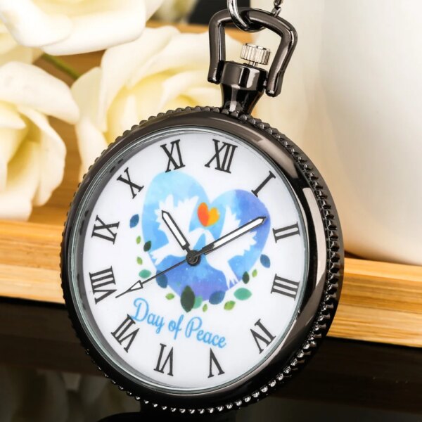 Day of Peace Pattern Open Face Round Dial Quartz Pocket Watch Necklace Pendant Clock Vintage Pendant Timepiece Chain Watches