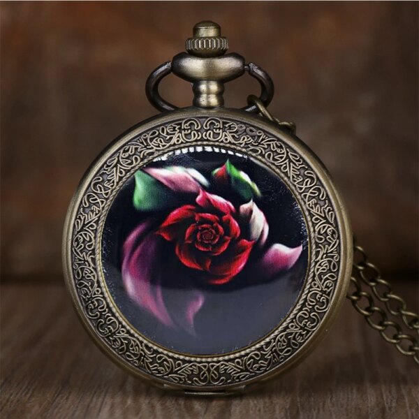 Delicate Red Rose Quartz Pocket Watch Flowers Fob Watch with Chain Steampunk Clock Best Gift for Men Women Pendant Necklace