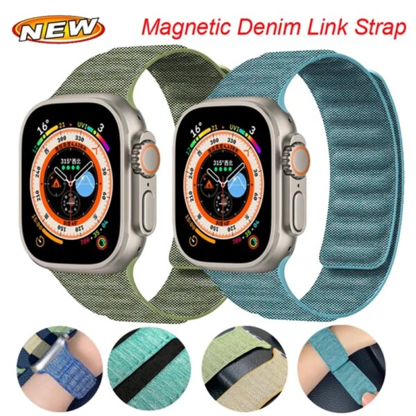 Denim Strap For Apple Watch Ultra2 Band 49mm 44mm 45mm 42mm Magnetic Loop Link Bracelet For iWatch 41 40mm SE 7 8 9 Sport Correa