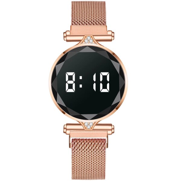 Digital Magnet  Women Rose Gold Stainless Steel Dress LED Quartz Watch Female Clock