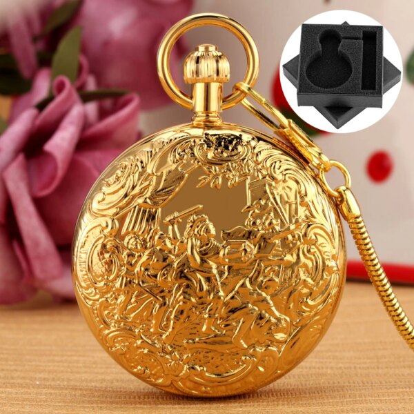 Double Sides Open Cover Gold Copper Automatic Mechanical Men's Pocket Watch Fighter Design Fob Chain Antique Clock Male Gift Box