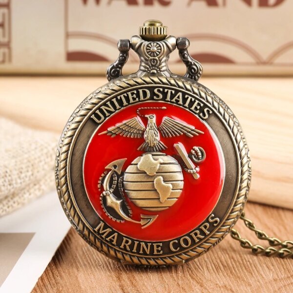 Eagle Red Vintage Bronze United States Marine Quartz Necklace Pocket Watch Display Pendant Pocket Clock Collections Gifts