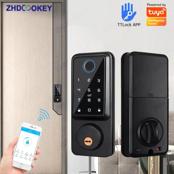 Electronic Bolt Locks Smart Tuya WIFI TTlock App Eletronica Fingerprint Password Code Mechanical Keys Door Smart Lock with Latch