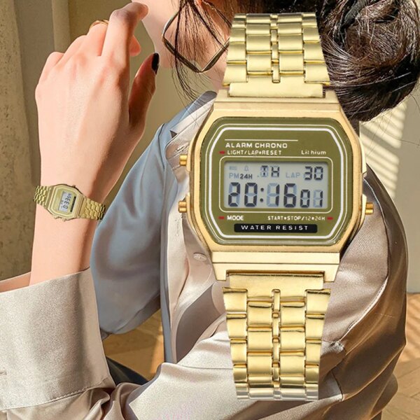 Elegant Digital Watch For Women Gold Silver Stainless Steel Business Ladies Electronic Wrist Watches Man Clock Zegarek Damski