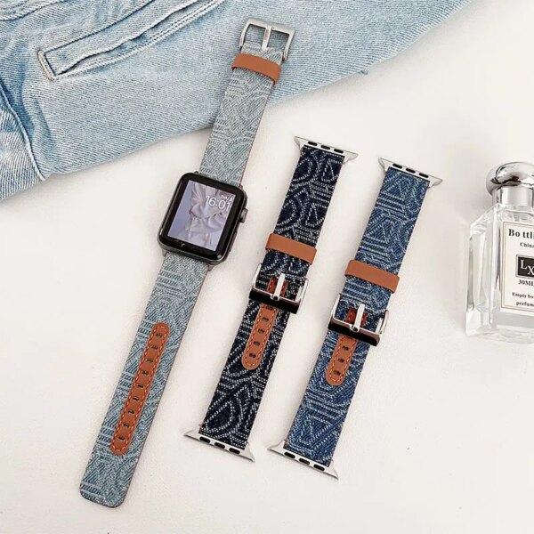 Embroidered Denim Leather For Apple Watch Band Ultra 2 49mm 41mm 45mm Replace Wrist Strap For Iwatch 9 8 7 6 5 4 3 SE 40mm 42mm