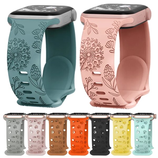 Engraved Band For Apple Watch 49mm 45mm 44mm 38mm 40mm 41mm Floral Silicone Sport Strap For iWatch Series Ultra 2/9/8/7/6/5/4/3