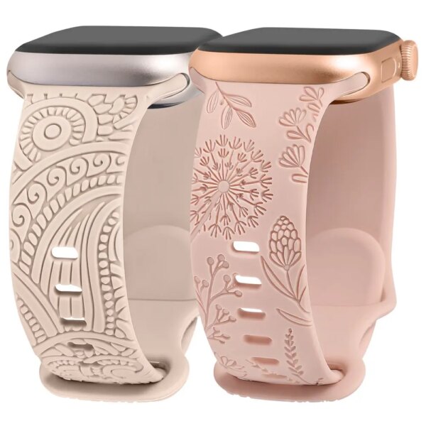 Engraved Band for Apple Watch 38mm 40mm 41mm Floral Silicone Sport Strap for iWatch Series Ultra 2/9/8/7/6/5/4/3/2/1/SE