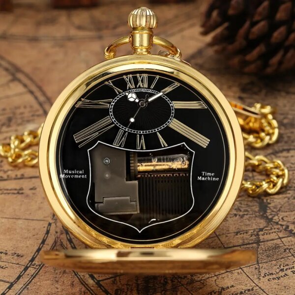 Exquise Gold Musical Movement Pocket Watch Hand Crank Playing Music Watch Chain Roman Number Carved Clock Happy New Year Gifts