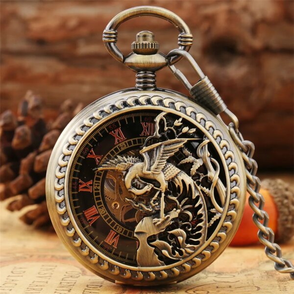 Exquisite Hollow Phoenix Mechanical Hand Winding Pocket Watch Retro Pendant Pocket Clock Bronze Double Open Face Manual Pocket