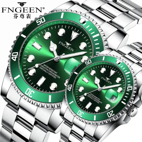 FNGEEN Water Ghost Couple Watch Big Dial Green Waterproof Calendar Date Luxury Men Women Round Quartz Clock Relogio Feminino