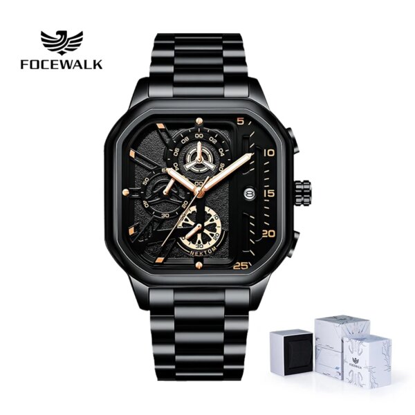 FOCEWALK Luxury Stainless Steel Quartz Watch for Men Waterproof Luminous Chronograph Clock Man Original Quartz Wristwatch Male