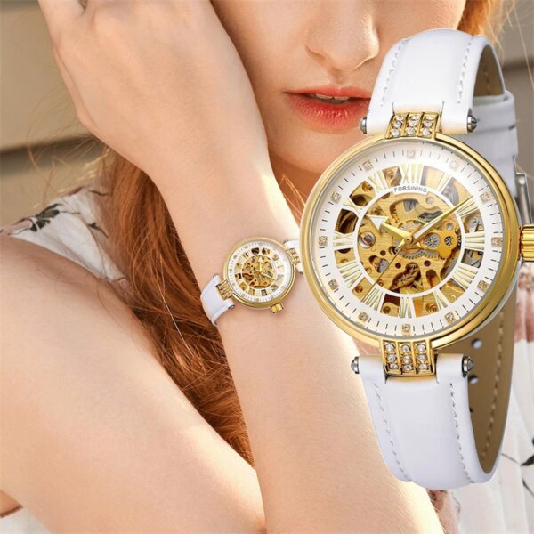 FORSINING Women White Golden Skeleton Automatic Mechanical Watch Ladies Fashion Business Luminous Wristwatch Relogio Homme Saati