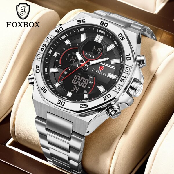 FOXBOX 2024 NEW Watches for Men Dual Display Digital Male Watch Quartz Dual Display Digital Male Steel Band Waterproof Clock