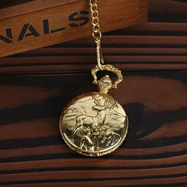 Fashion Alloy Retro Relief Gold Pocket Watch Animal Elk Deer Quartz Watch Pendant Necklace Chain Clock Birthday Gifts